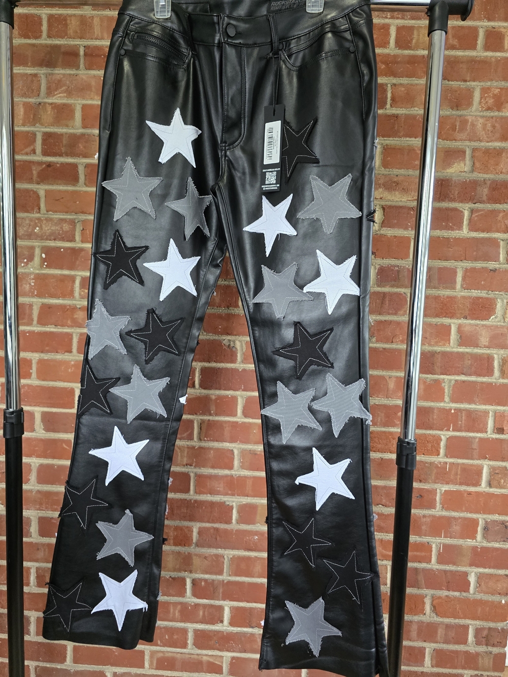 Rockstar Mens Black Star Faux Leather Stacked Flaired Jeans